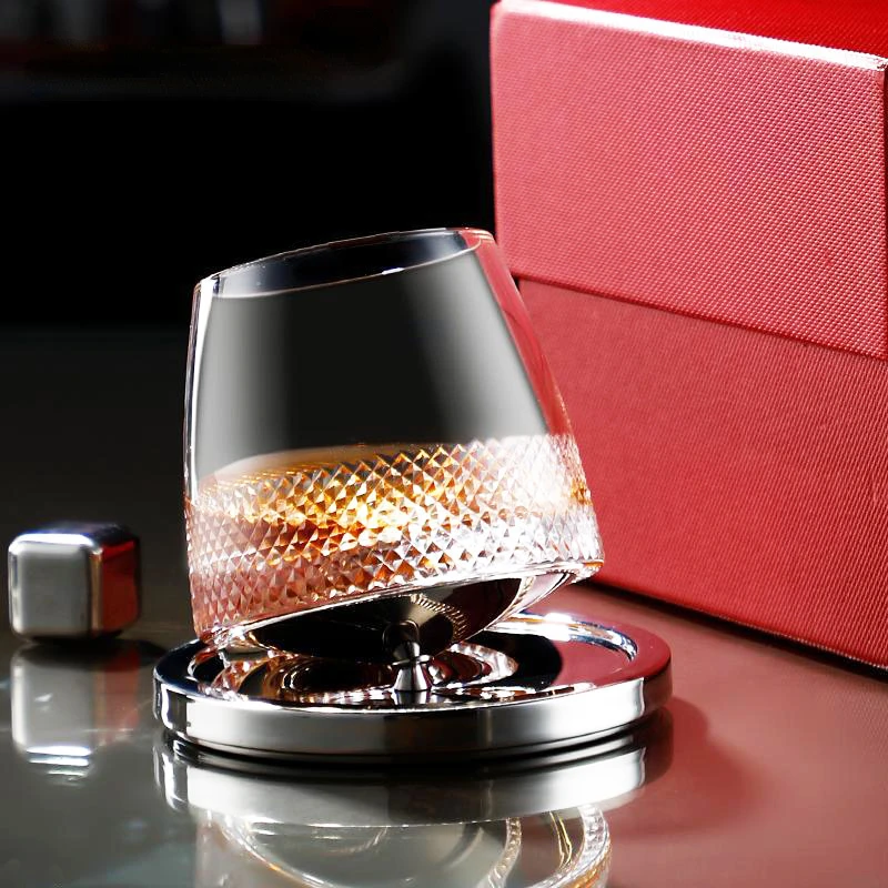 

Creative Rotating Whiskey Cup With Stainless Steel Base Luxury Crystal Wine Glass Gift Funny Cognac Brandy Enjoy Whisky Snifter