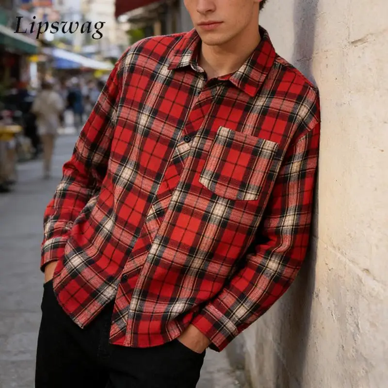 

Vintage Plaid Shirts Mens Long Sleeve Button-up Turn-down Collar Casual Shirt Spring Streetwear Fashion Men Cardigans Oversized