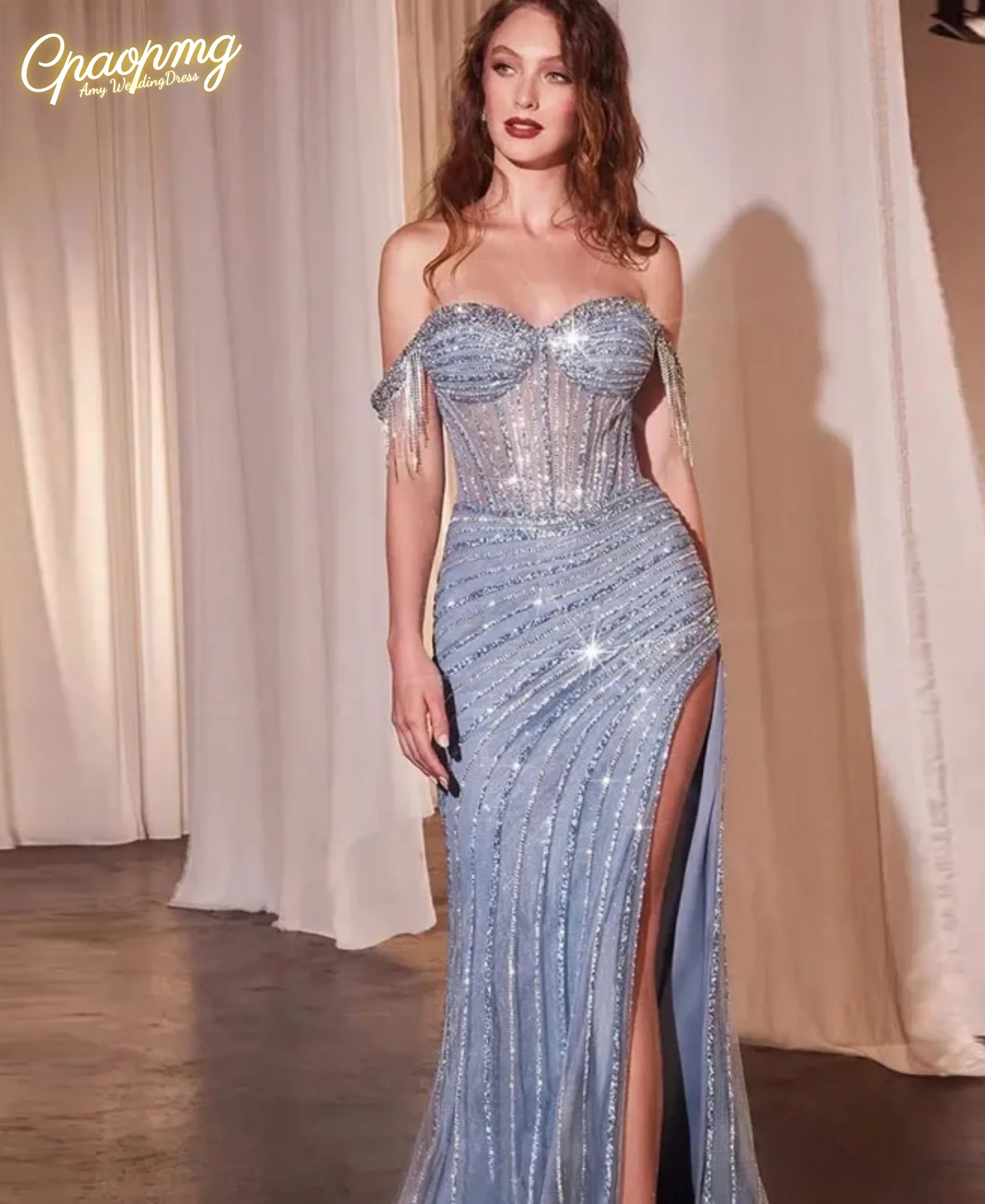 맞춤형 블랙 라인스톤 하이 슬릿 롱 프롬 드레스 오프숄더 펜던트 비즈 장식 머메이드 이브닝 드레스