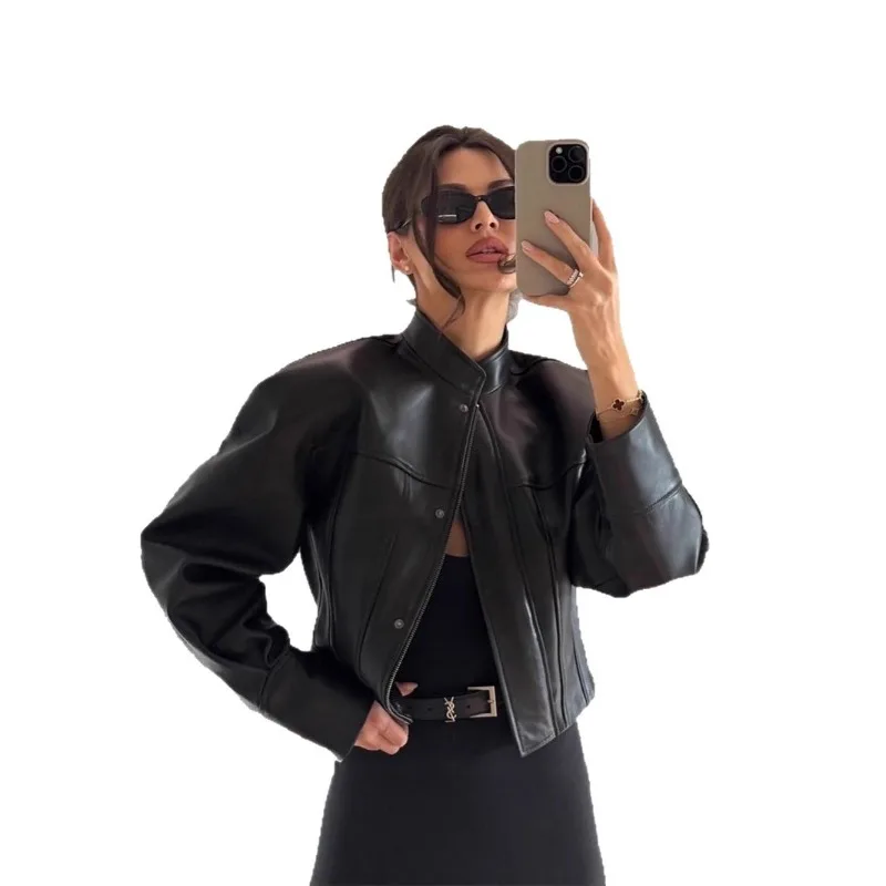 Street PU Leather Jacket Women Casual Stand Long Sleeve Single Breasted Short Coats 2025 Autumn New Black Loose Women Outerwears