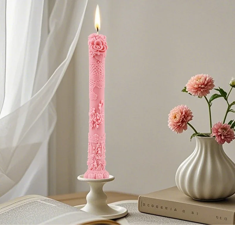 Long lace flower relief cylindrical candle silicone mold pole carved chime candle mould Roman column cylindrical gypsum molds