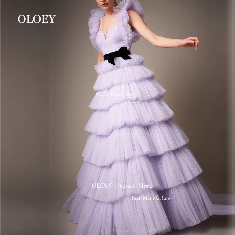 

OLOEY Purple Prom Dresses Korea Photoshoot Sweetheart Wedding Party Dress Tiered Silky Organza Floor Length Black Sashes Custom