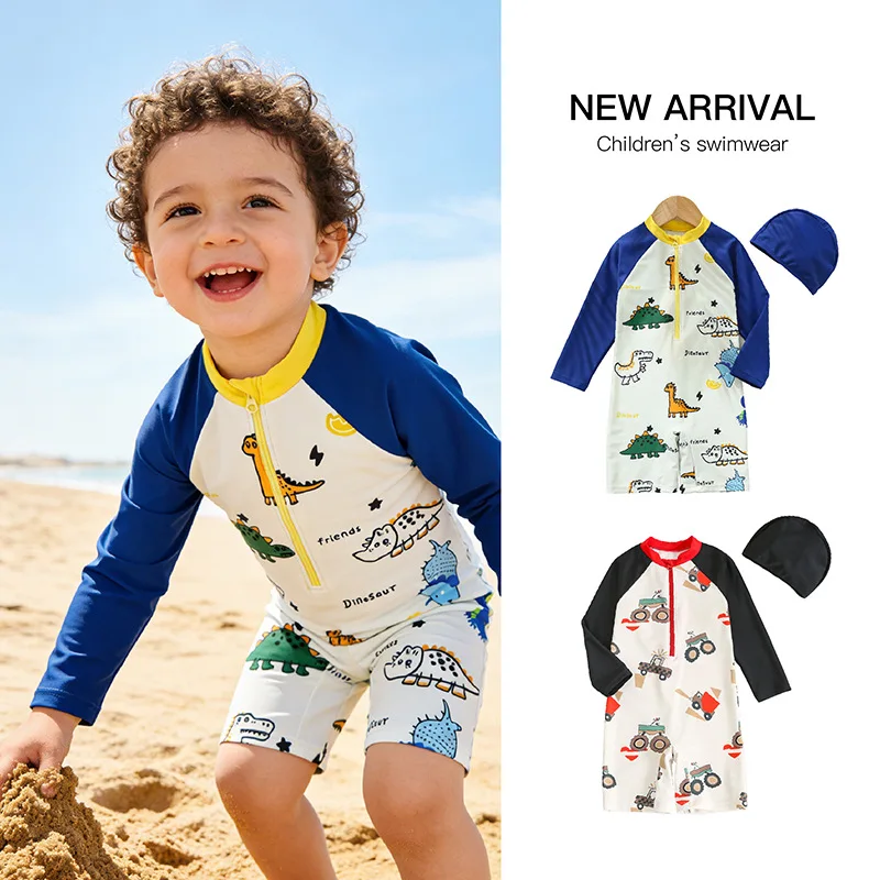 Children's One-piece Swimsuit Boys Cartoon Dinosaur Print Long Sleeve Zipper Sunscreen Quick-Dry Swimwear Baby Bathing Costume