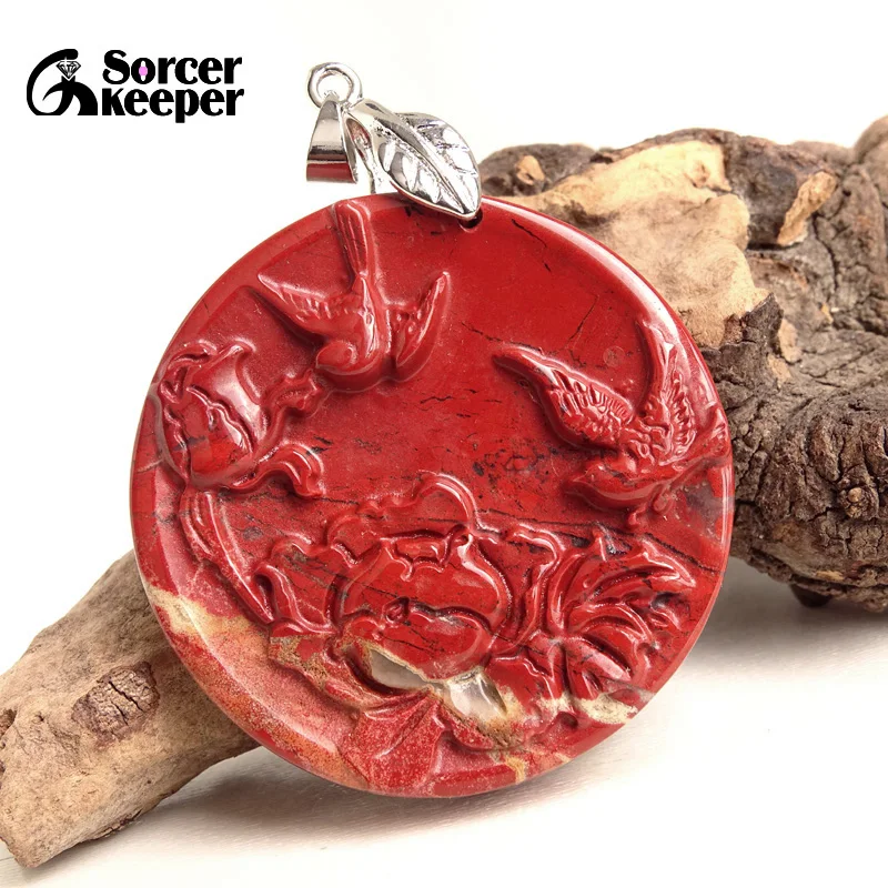 Hand-carved Peony Natural Red jasper Stone Pendant Beads For Women  Sweater Chain Necklace Bloodstone Collar Jewelry BG535