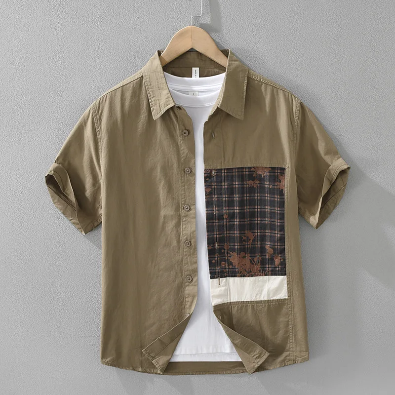 

Men's Japanese Retro Printed Patchwork Short Sleeve Shirt 2025 Summer 100% Cotton High Quality Casual Loose-Fit Versatile Top