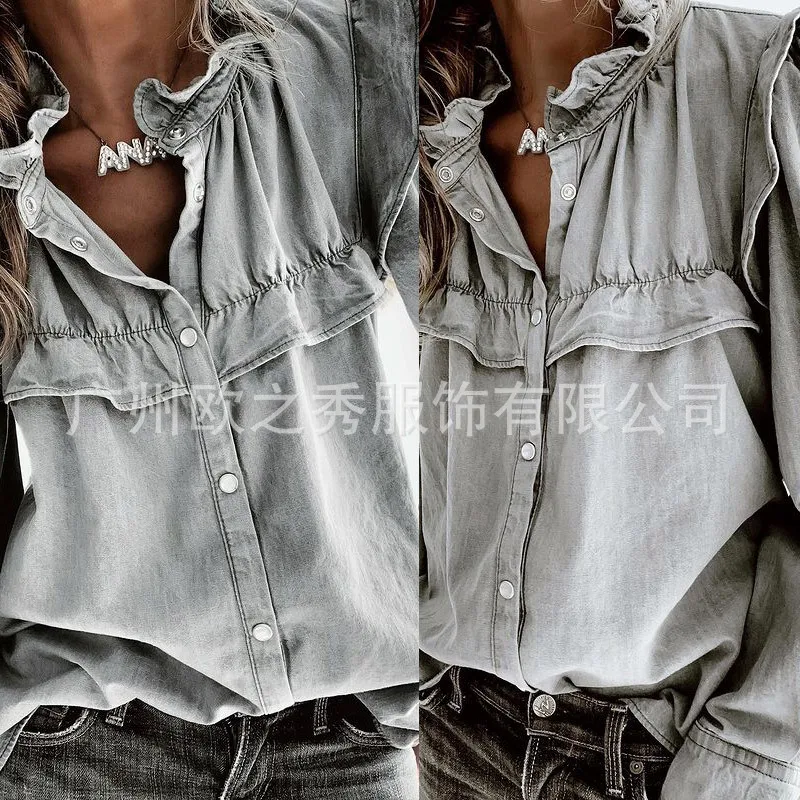 2025 Camicia di jeans con colletto per bambola primavera autunno 2025 Abbigliamento da donna europeo e americano a maniche lunghe casual allentato in tinta unita