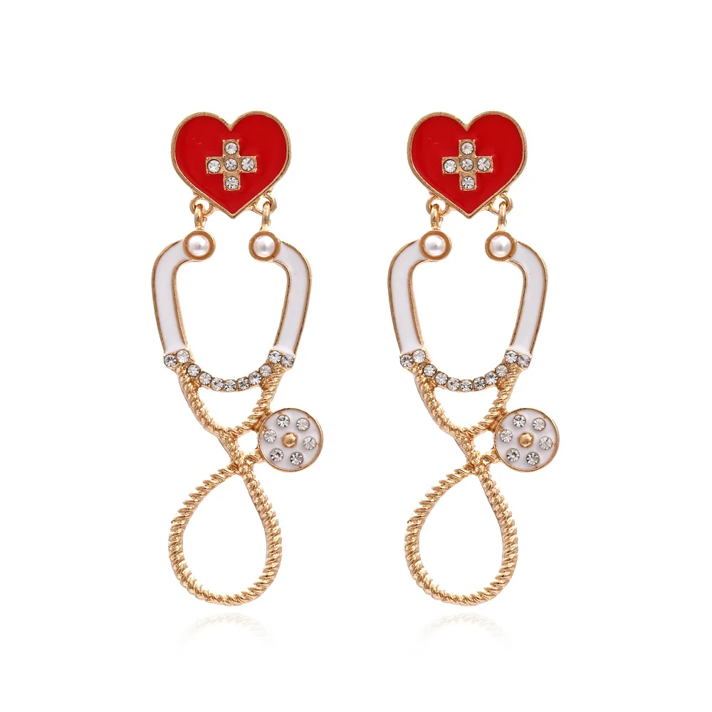 Creative funny fun stethoscope earrings exaggerated alloy hollow diamond earrings personalized trend earrings