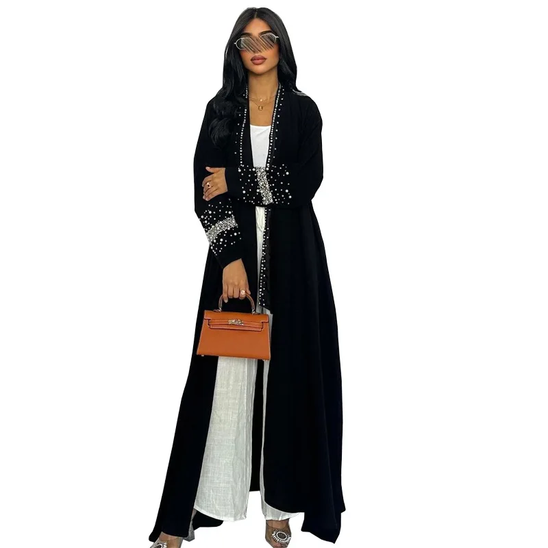 Muslim Black Abaya Dubai Luxury Open Cardigan Women\'s Prayer Garment Caftan Femme For Evening Robe Clothes Large Size With Belt