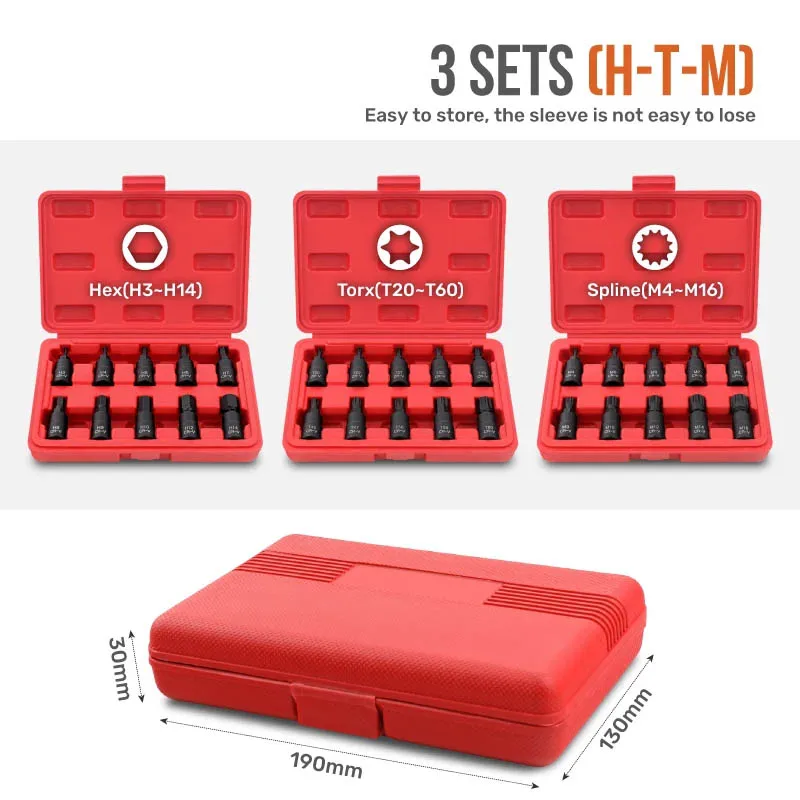 Hi-Spec 10PC 3/8" Drive Socket Set H3-14/T20-60/M4-16 with Red Case, Professional Torx/Hex/Spline Tool Kit for Auto Maintenance - view 6