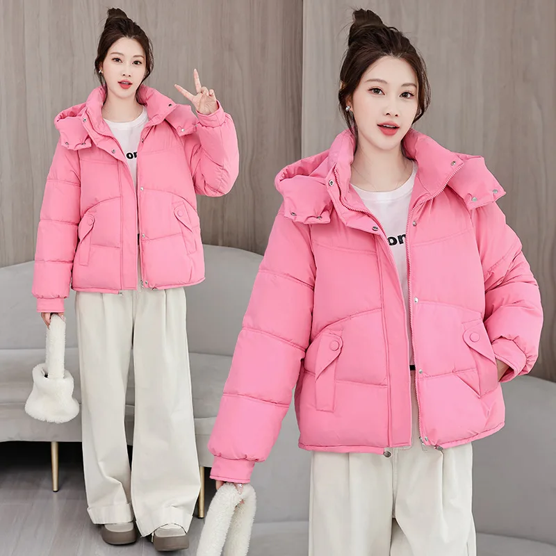 Candy Color Cropped Puffer Jacket Detachable Hooded Stand Collar Korean Style Parkas Trendy Autumn Winter Layering Outerwear New