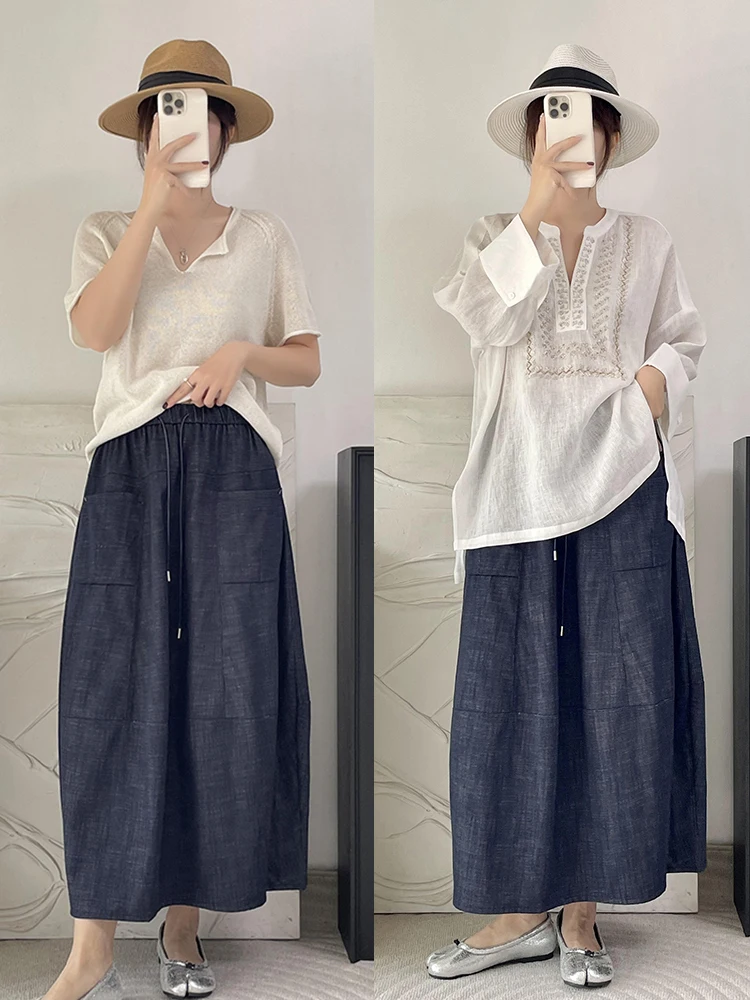 Skin-friendly Breathable Cotton Linen f Skirt Elastic Waist Baggy Sle 3D Tailoring Slimming Effect Good Wearabili