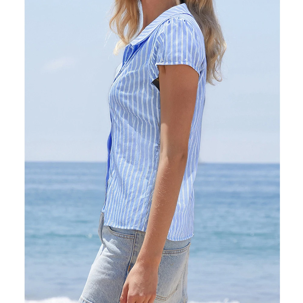 

Женские рубашки на пуговицах с короткими рукавами Y2k Fairycore, повседневные топы на пуговицах с v-образным вырезом, винтажная облегающая блузка с воротником на выход