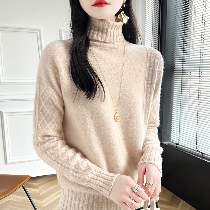 autumn and winter 24 new 100 pure wool knitted women\'s high neck pullover sweater for warmth, color blocked full sleeved sweater