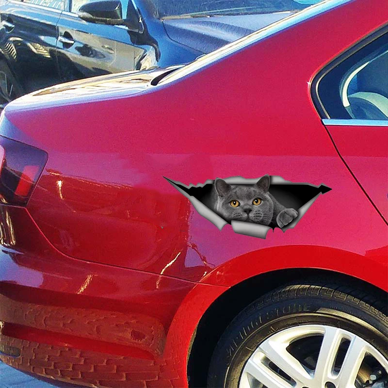 British Shorthair Cat 3D Break the Wall Car Sticker, Waterproof Vinyl Material Accessories, Interesting Creativity For Car