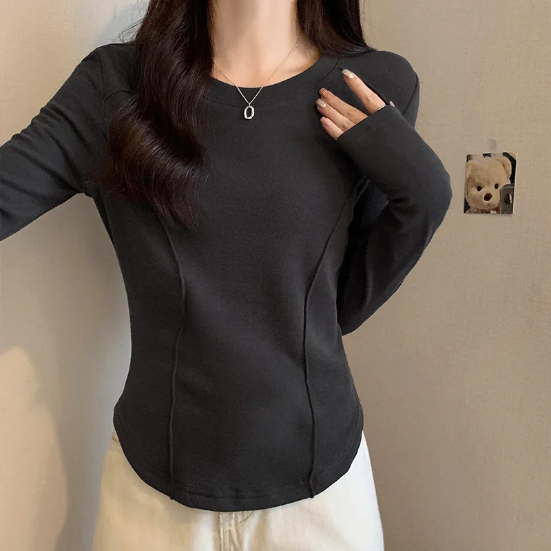 Damen Kurzes T-Shirt Herbst Einfarbig Rundhals Langarm-T-Shirt für Frauen Mädchen Studentinnen Neues Slim-Fit Langarm-T-Shirt – Detail 16