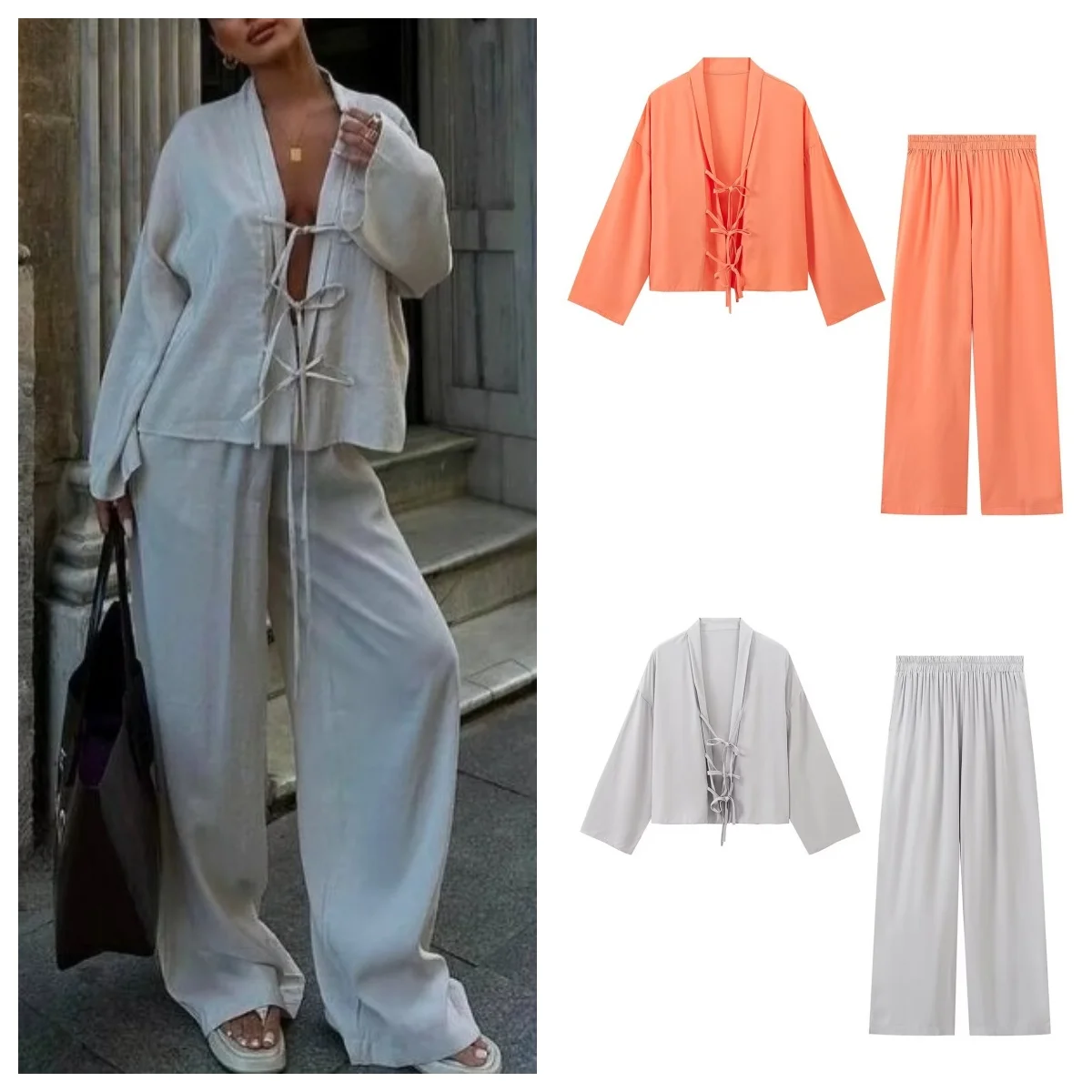 

European and American style solid color lace-up loose casual long-sleeved shirt elastic waist straight wide-leg pants women's su