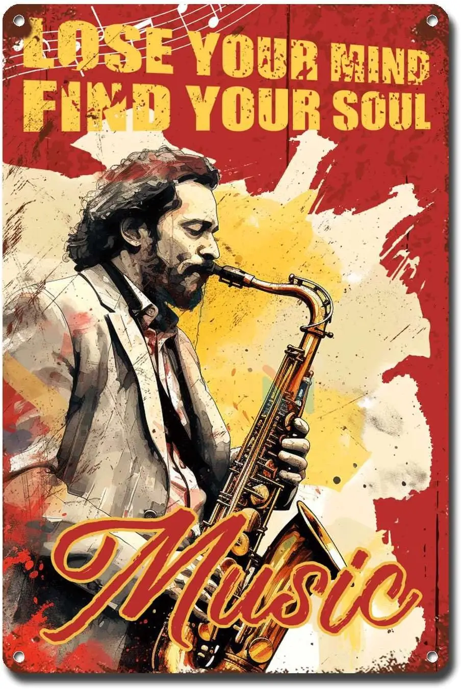 Panneau mural vintage en métal, art mural vintage, le homme joue du saxophone, Music Lose Your Mind Find Soul for Club, 6x8 pouces