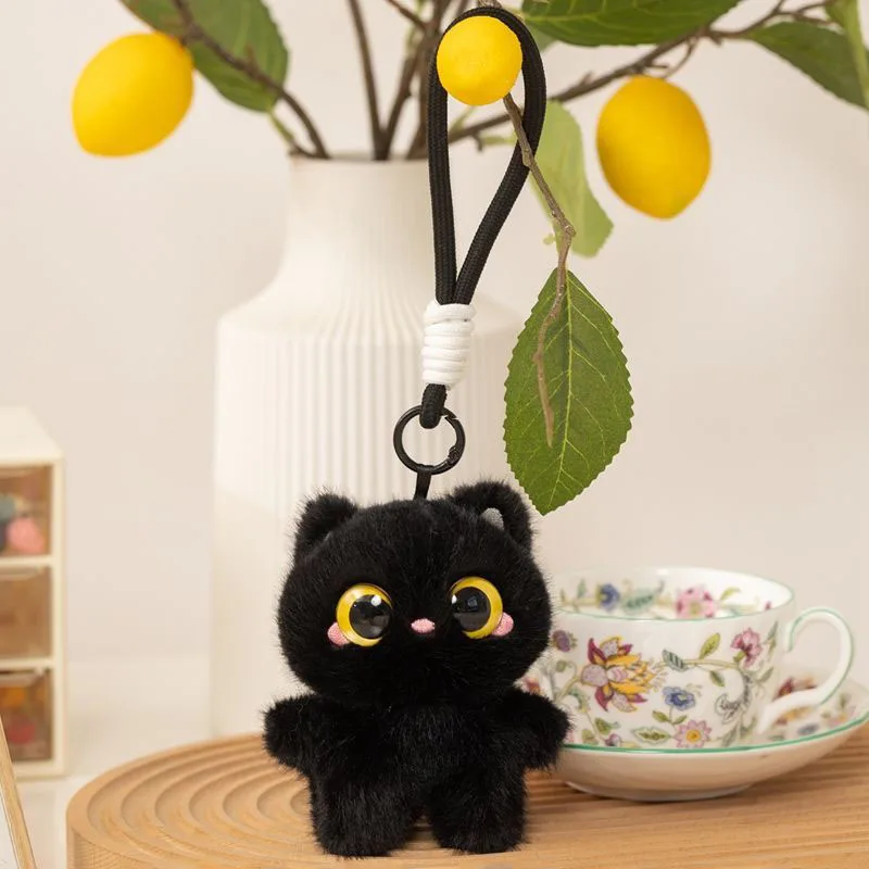 Black Cat Plush Keychain Cute Fluffy Kitten Bag Charm with Lanyard Kawaii Animal Pendant for Backpack Car Key Kids Gift Girls