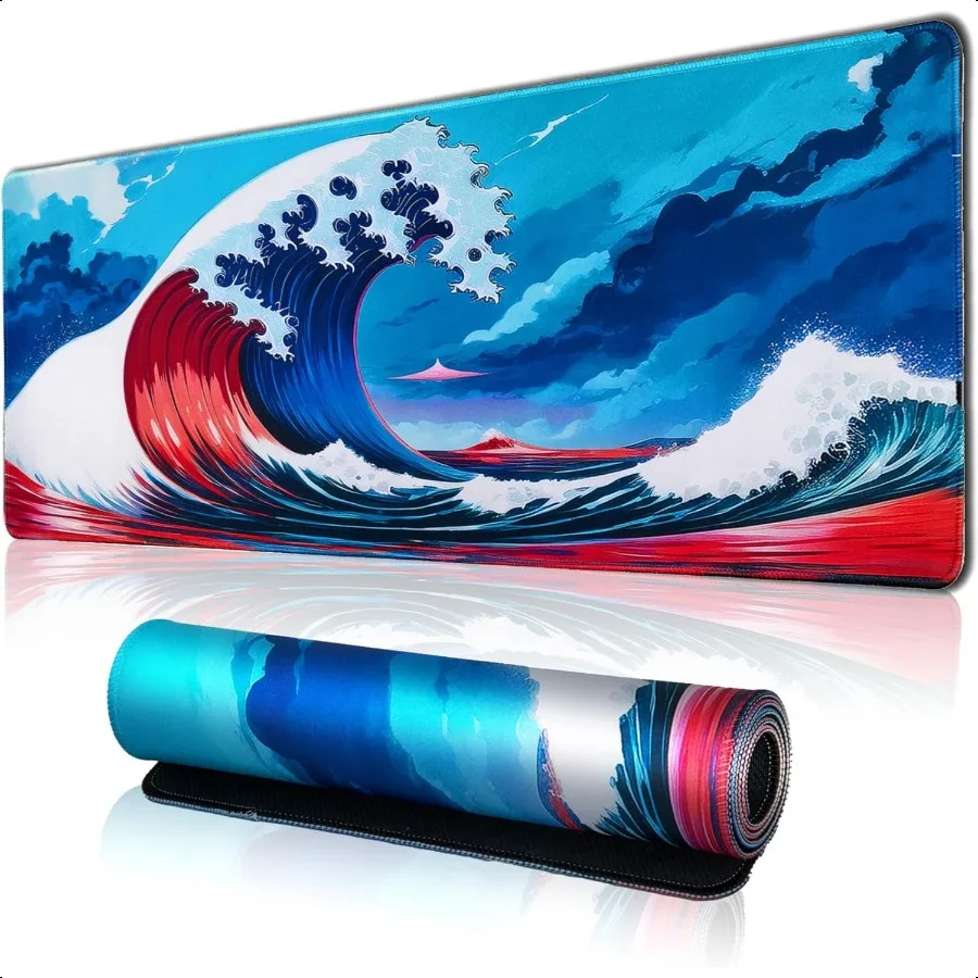

Japanese Style Waves Large Gaming Mouse Pad for Desk Desk Mat with Seamed Edges Waterproof Desk Pad NonSlip Rubber Base 31.5x11