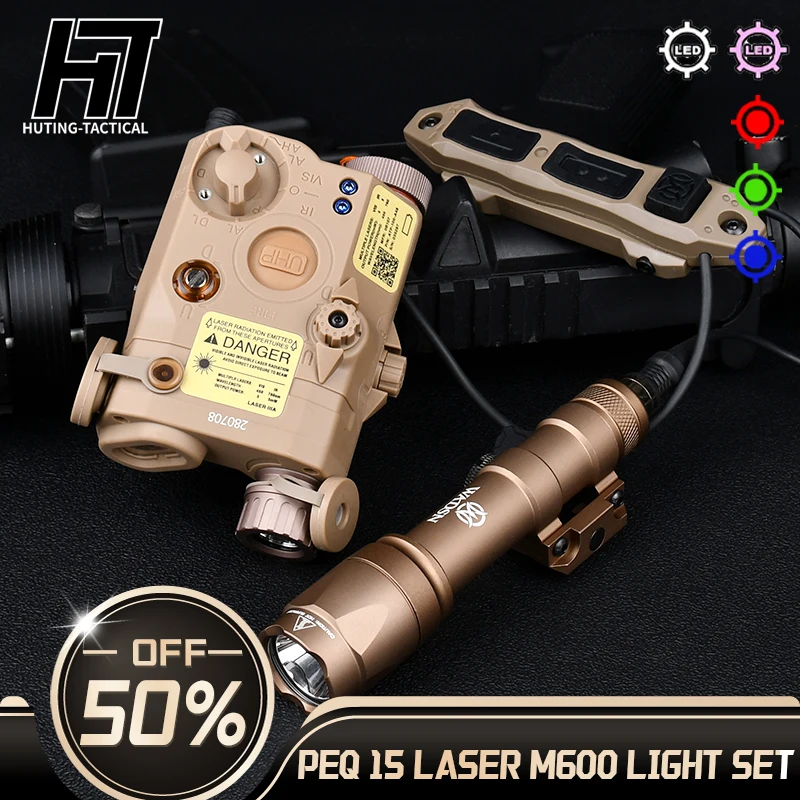 

Tactical PEQ 15 Surefir M600C Flashlight Dual Function Switch Set Red Dot Green Blue Indicator IR Airsoft Hunting Light Laser