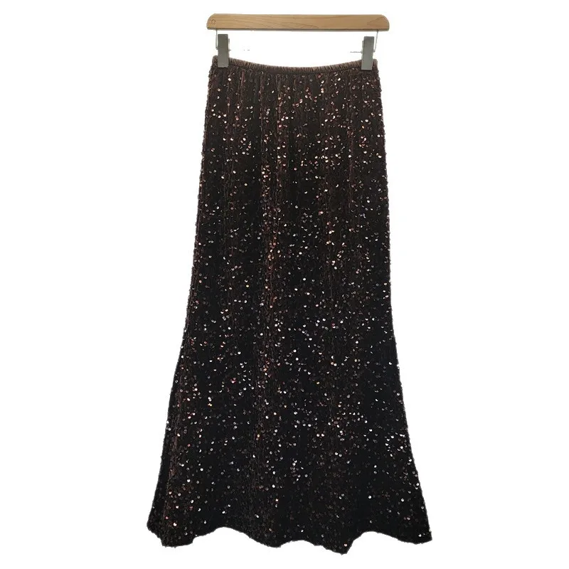 유럽 스타일 한국 버전 우아한 A라인 바디콘 롱 스커트 여성 섹시 반짝이는 헤비 시퀸 스커트 미디 길이 머메이드 스커트