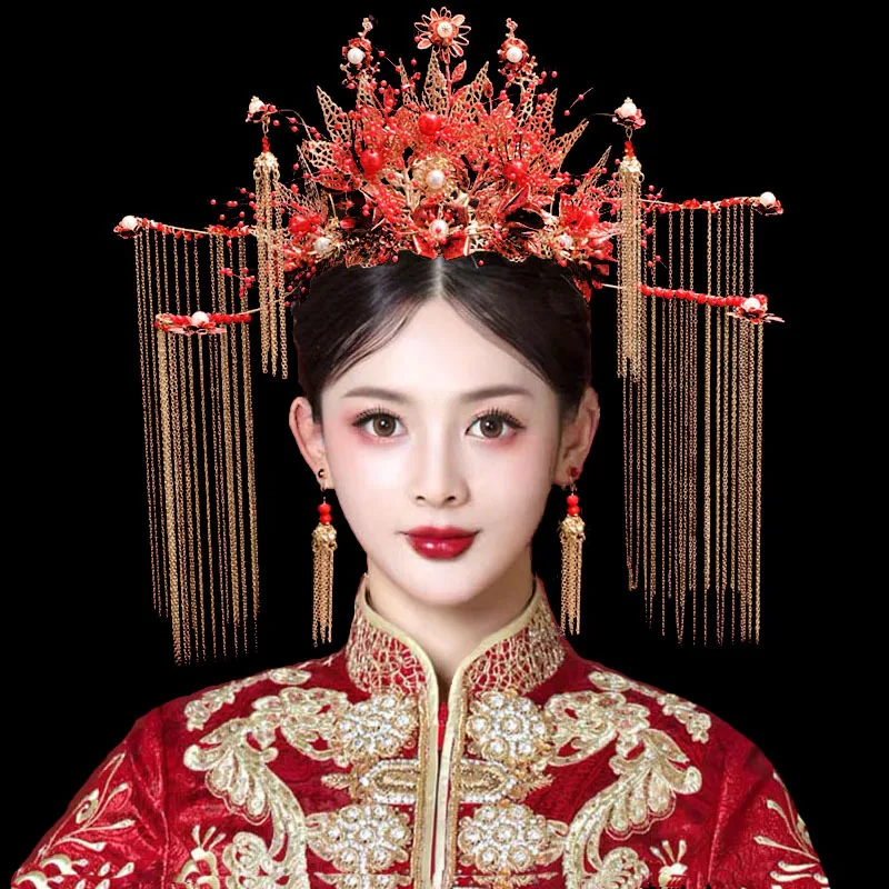 Vintage Hair Crown Women Chinese Traditional Jewelry Headdress Women Hanfu Crown Earrings Set Bridal Wedding Hair Accessories