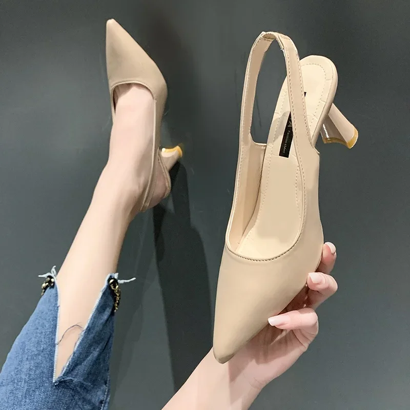 Summer Fashion New Pointed Toe Stiletto Heel Shallow Mouth Breathable PU Comfortable and Elegant Women's Shoes Sexy Sandals