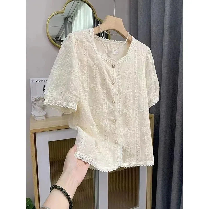 Summer Solid Color Women\'s Clothing Button Square Collar Short Sleeve Cardigan Lace Patchwork T-shirt Elegant Casual Tops