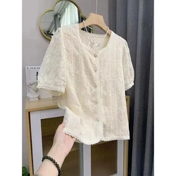 Summer Solid Color Women's Clothing Button Square Collar Short Sleeve Cardigan Lace Patchwork T-shirt Elegant Casual Tops