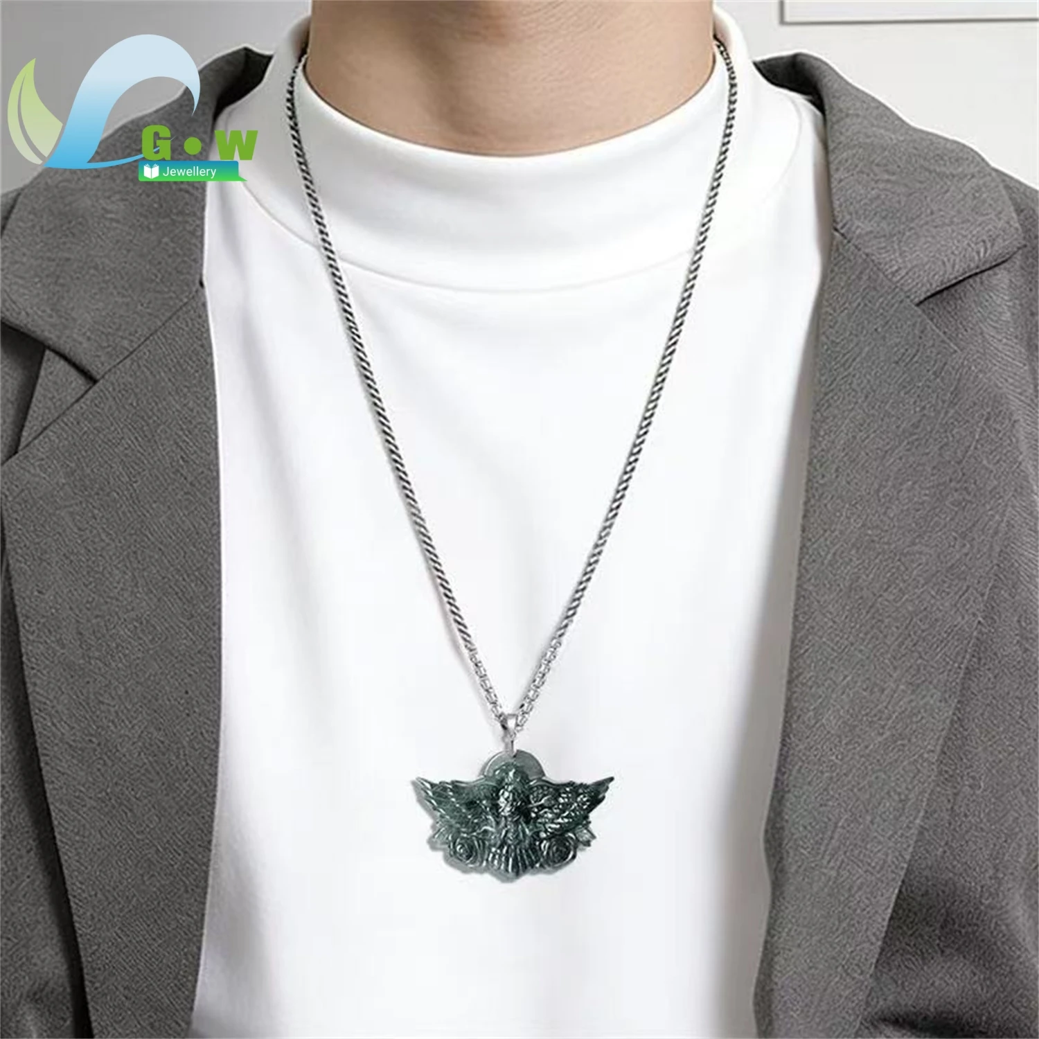 Natural Grade A Jadeite Black Ice Eagle Spread Wings Pendant Hanging Jade Amulet Necklace Unisex Carved Gemstone Jewelry Charm
