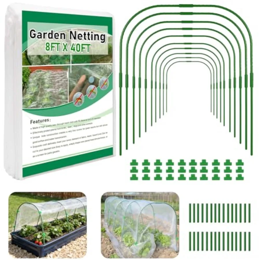 

Garden Netting Kit for Raised Beds Ultra Fine Mesh Netting and 10 Sets Garden Hoops with Clips Row Cover Net Protection Plant C