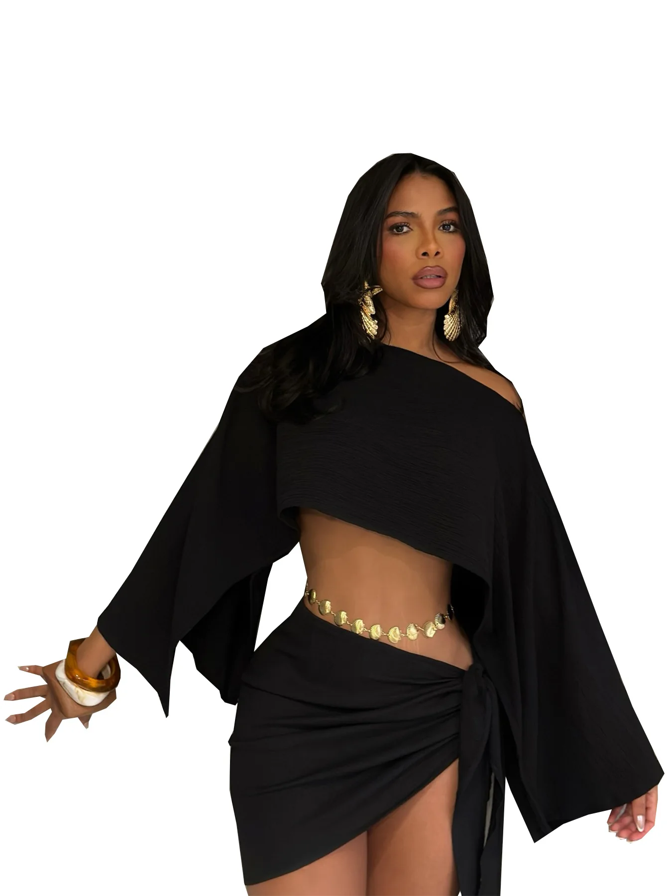 우아한 오프숄더 투피스 여성 여름 원숄더 플레어 슬리브 루즈 크롭탑과 스커트 세트 스트리트웨어 신상품