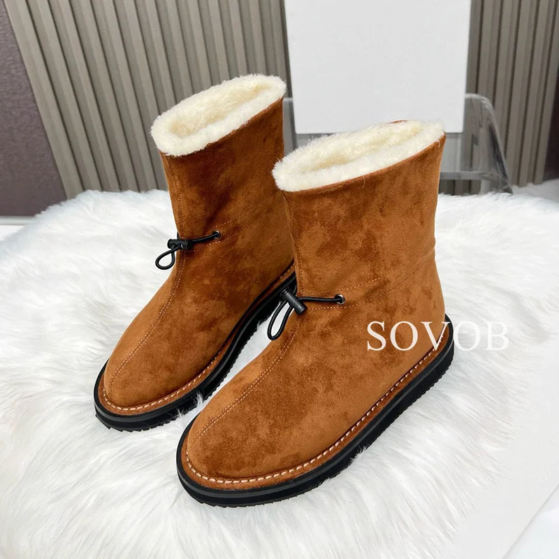 Winter Solid Color Round Toe Warm Short Boots Women Flat Bottomed Thick Soled Elastic Band Retro Versatile Anti Slip Snow Boots