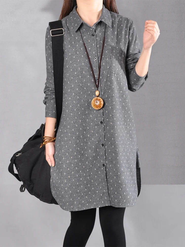 

Японский топ Sle Long Sve Ladies irt Dr Brued в горошек, весенний хлопковый воротник с воротником на пуговицах