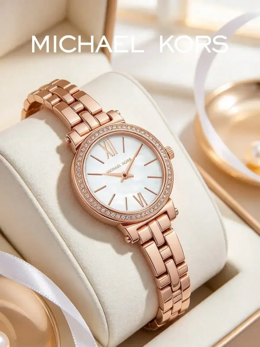 MICHAEL KORS Women's Watch Rose Gold Tone Stainless Steel Crystal Bezel Roman Numeral White Dial Quartz Elegant Dress Wristwatch