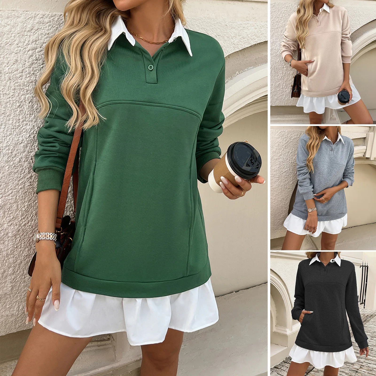 Women's Casual Loose Pocket Patchwork Polo Collar Sweatshirt Dress for Autumn 2024