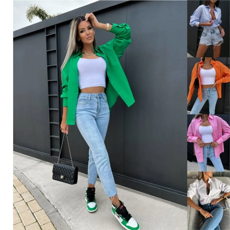 

Casual V Neck Long Sleeve Women Shirts Solid Slim Streetwear Button Blouse Office Lady Loose All Match Spring Autumn Orange Tops