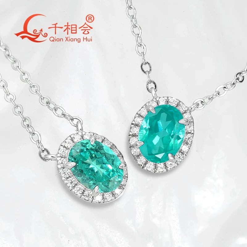 6x8mm 8x10mm oval S925 Sterling Silver YAG Created Neon Blue/Green Paraiba with Moissanite Halo Pendant Necklace Jewelry Women view 4