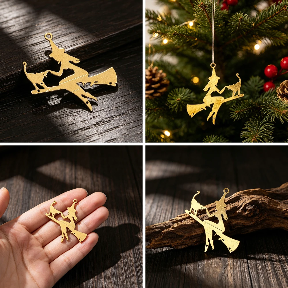 Retro Brass Witch & Cat Cutout Charm with Multi Connection Holes for DIY Jewelry Making Necklace Bracelet Holiday Decor Gift
