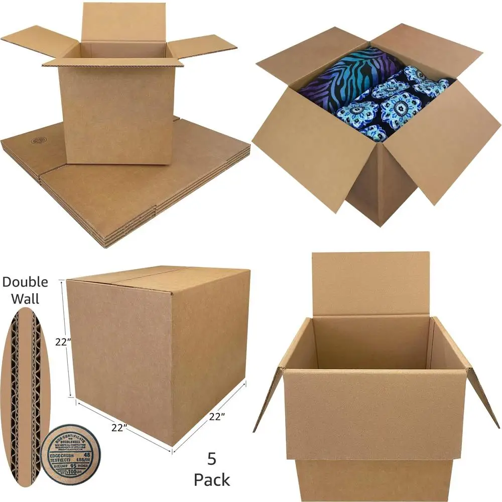 

Heavy-Duty 275lb Corrugated Moving Boxes, 5-Pack, 22x22x22 Inches