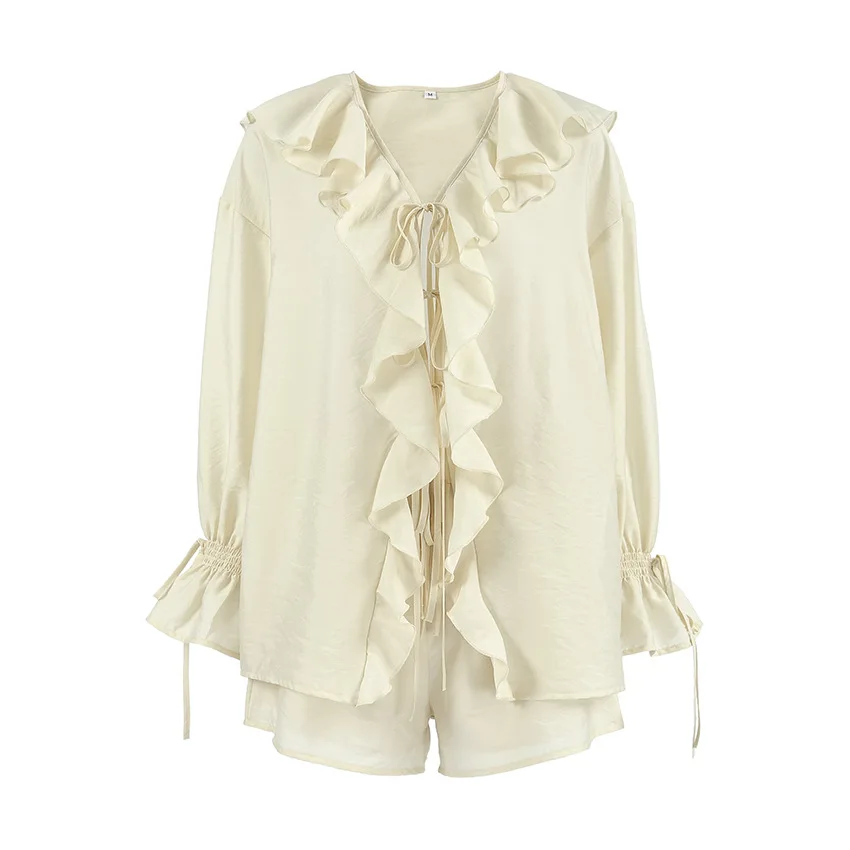 Women's Beige Two-Piece Set 2025 Summer Boho Ruffled V-neck Blouse with Shorts Outfit Flare Sleeve Lotus Leaf Edge Shorts Suit