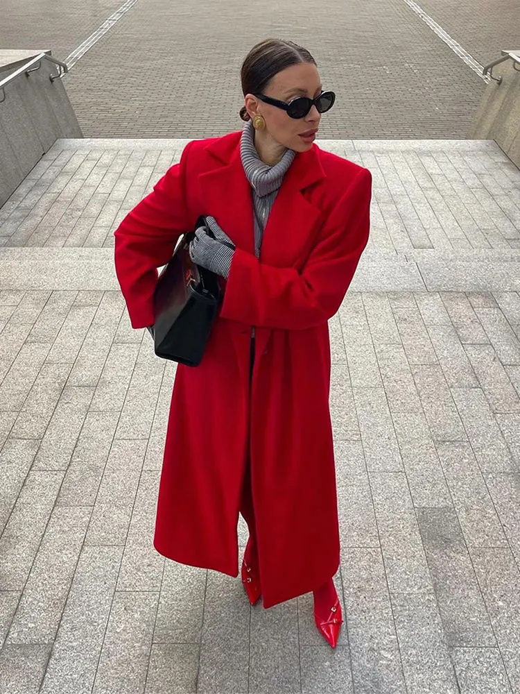 2024 New Red Lapel Woolen Overcoat Women Fashion Long Sleeves Button Casual Office Long Jacket Autumn Lady High Street Outerwear