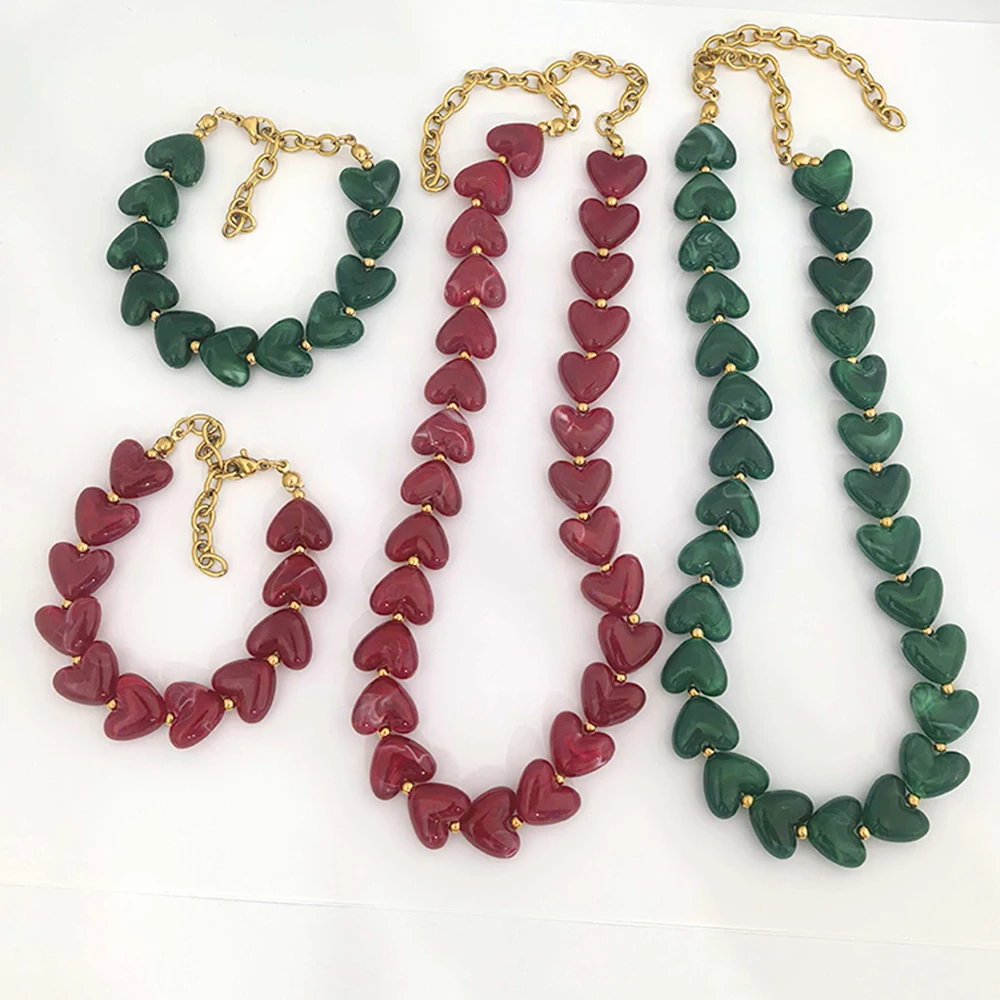 خمر الحب الراتنج القلب قلادة المرأة المختنق الذهب اللون الخرز الفولاذ المقاوم للصدأ الأبيض الأحمر الأخضر القهوة مقاوم للماء Diy بها بنفسك الشتاء