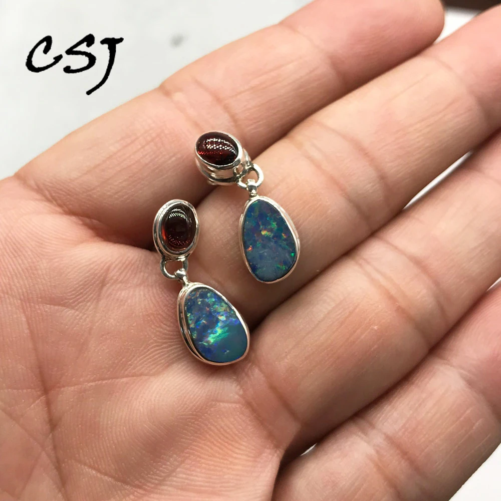 

CSJ Natural Australia Opal Earrings Sterling 925 Silver Garnet Gemstone for Women Party Birthday Handmade Jewelry Gift