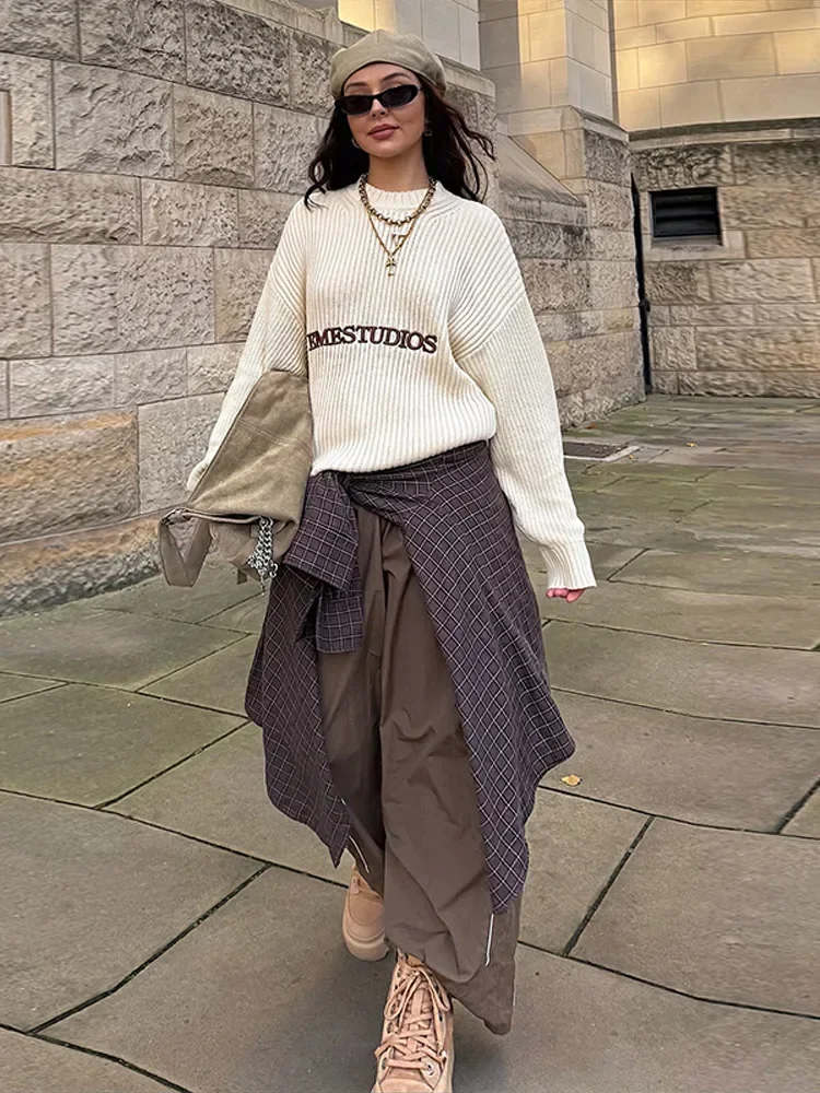 Letter Embroidered Women's Sweater Knit Oversize O-neck Long Sleeve Female Knitwear 2026 Spring Chic Casual Daily Pullover