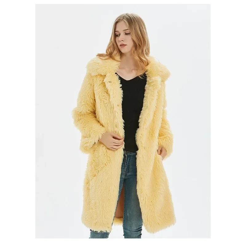 Manteau en fausse fourrure pour femme, veste longue chaude, revers en peluche, automne et hiver