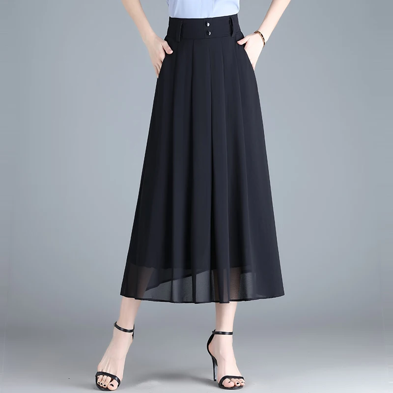 ZUZK Summer Mid-length Chiffon Skirts Elastic High Waist Pocket Fashion Temperament Chiffon Skirt Cool Droop Skirt  Jupe