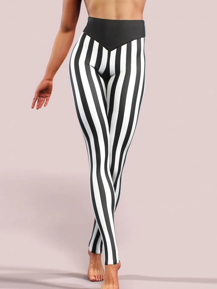 Black White Striped Printed Leggins Sexy Leggings Women Fashion High Waist Elastic Gym Fitness Jeggings Workout Pencil Pants