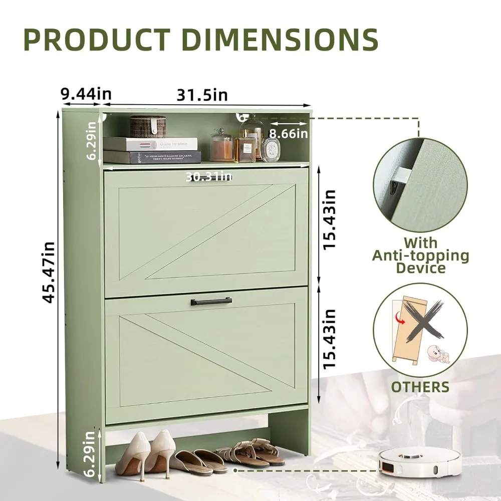 Shoe Cabinet Storage for Entryway with 2 Flip Drawers Open Storage Layer Rack Narrow Organizer Slim