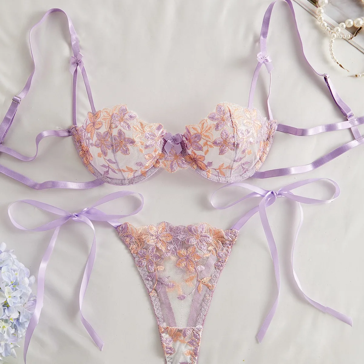 

Floral Embroidery Transparent Mesh Bra Brief Sets Ultra Thin Straps Flowers Lace Sexy Lingerie Half Cup Woman Underwear 2025